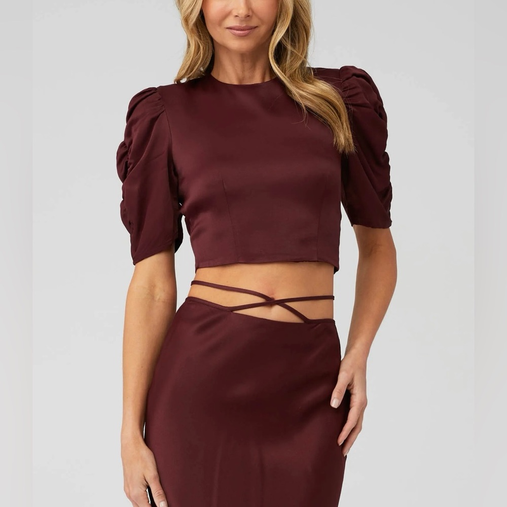 Bardot Amelia backless top with tie waist bias skirt
